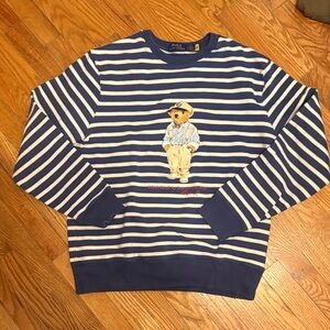 Polo by Ralph Lauren Blue and White Striped Bear Sweater- women can also wear